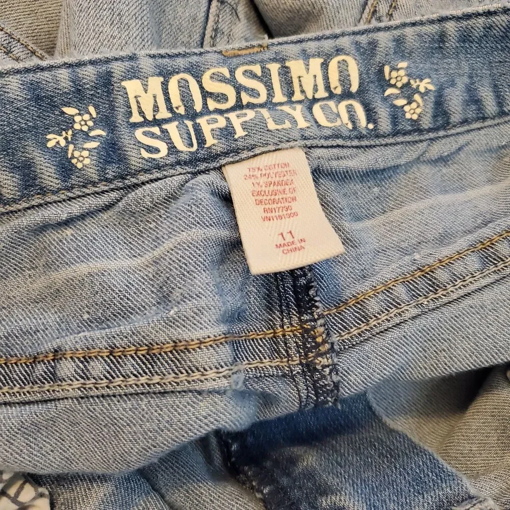 Vtg Mossimo Denim Knee Length Skirt Jean Boho Distressed Faded Hippie Western